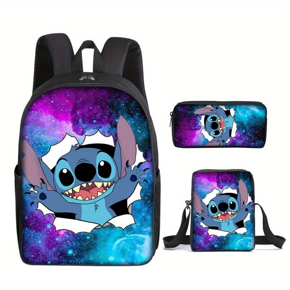 Ensemble de 3 sacs à dos Disney Stitch - Tissu Oxford durable, sac à bandoulière tendance et trousse pour l'école/l'université - Adorable et résistant