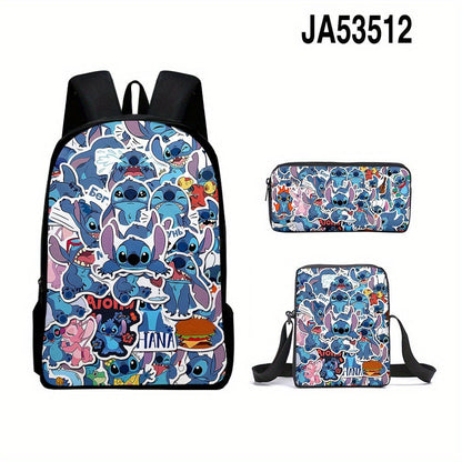 Ensemble de 3 sacs à dos Disney Stitch - Tissu Oxford durable, sac à bandoulière tendance et trousse pour l'école/l'université - Adorable et résistant