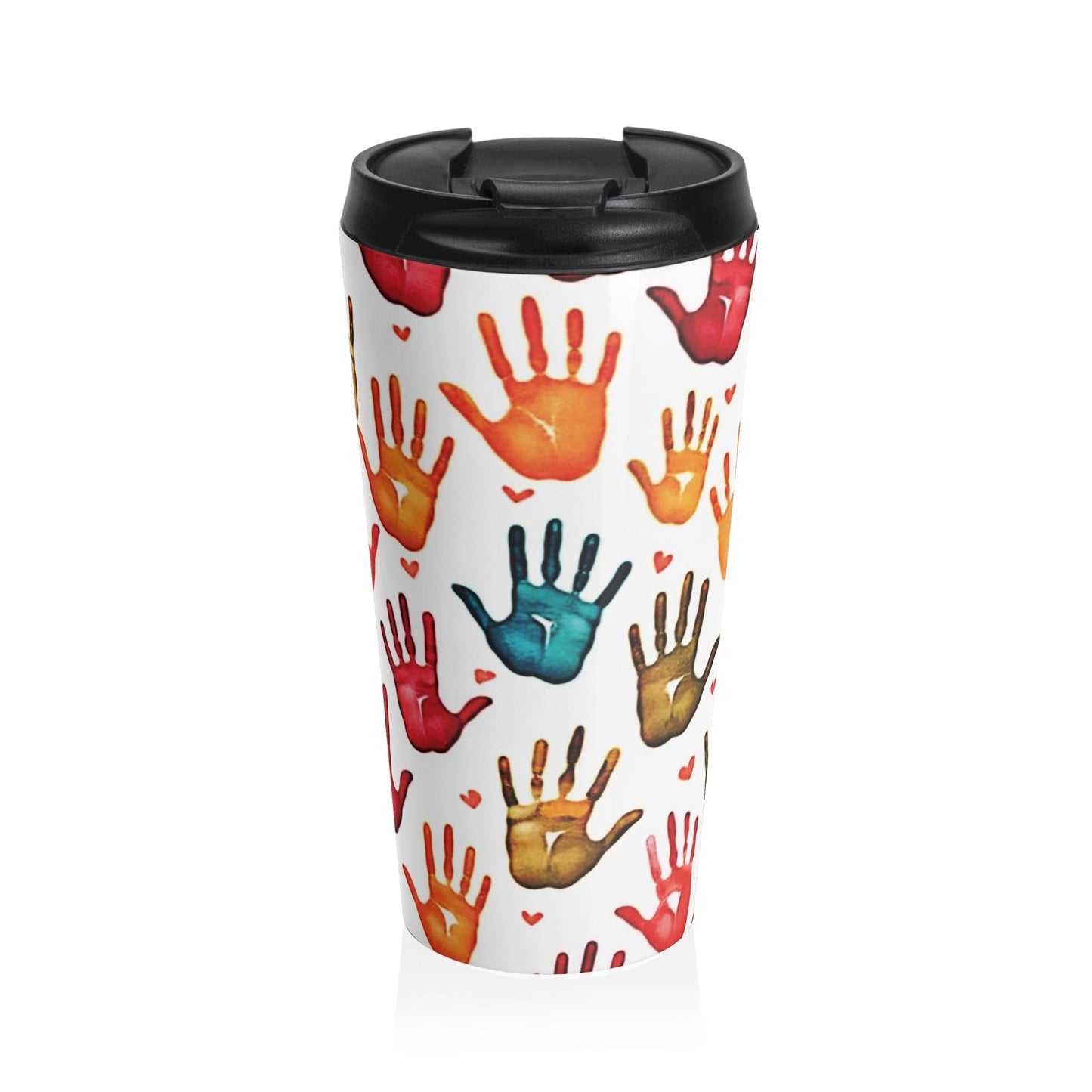 Travel Mug — Colorful Handprint Pattern Stainless Steel Tumbler (Kids & Teachers Gift)