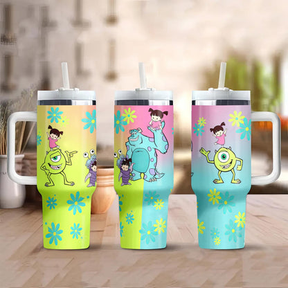 Disney Monstres & Cie Tasse de voyage isotherme 1,2 L - Acier inoxydable avec poignée, couvercle et paille | Parfaite pour le sport, la voiture et comme cadeau pour la famille et les amis | Idéale pour Noël, Halloween, les anniversaires