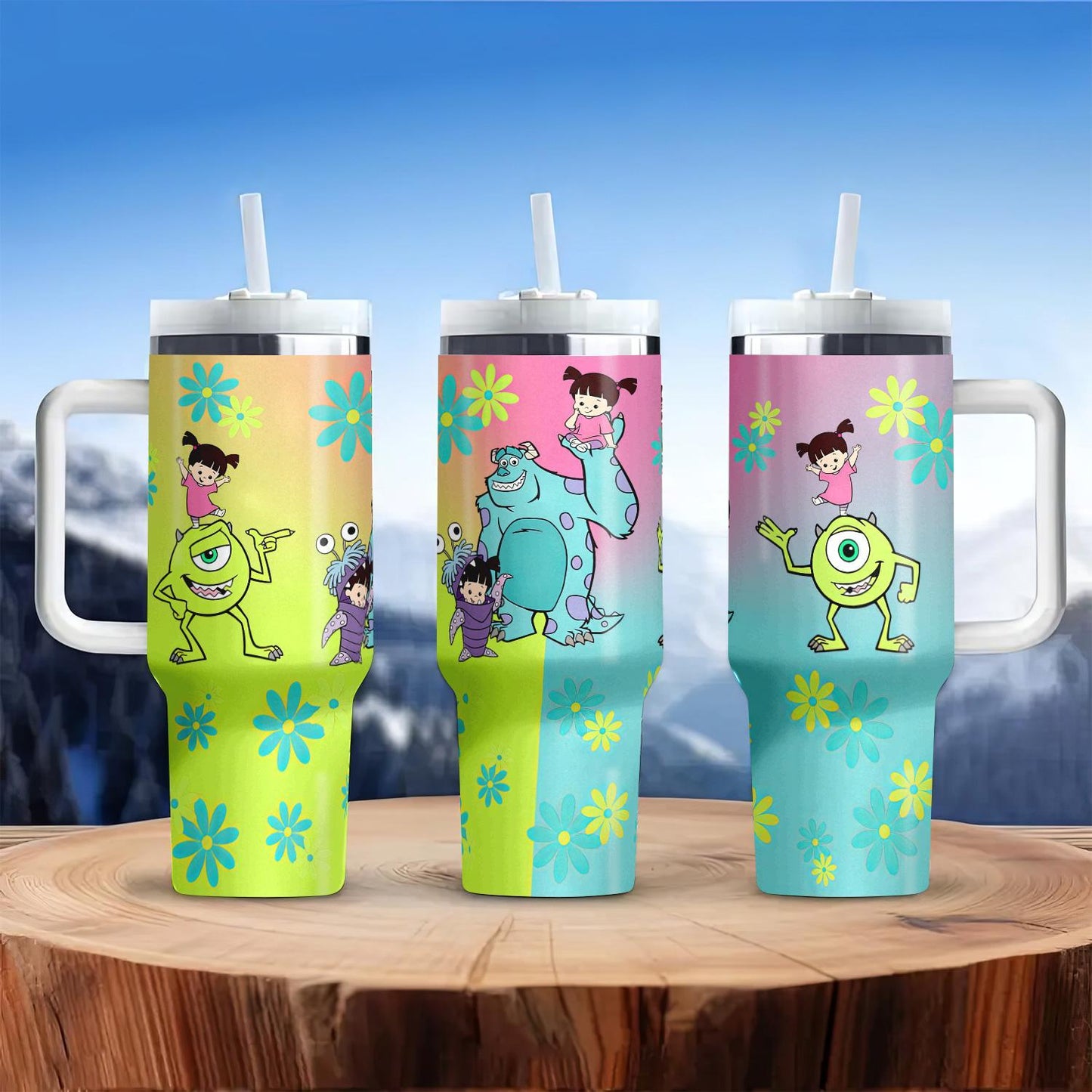 Disney Monstres & Cie Tasse de voyage isotherme 1,2 L - Acier inoxydable avec poignée, couvercle et paille | Parfaite pour le sport, la voiture et comme cadeau pour la famille et les amis | Idéale pour Noël, Halloween, les anniversaires