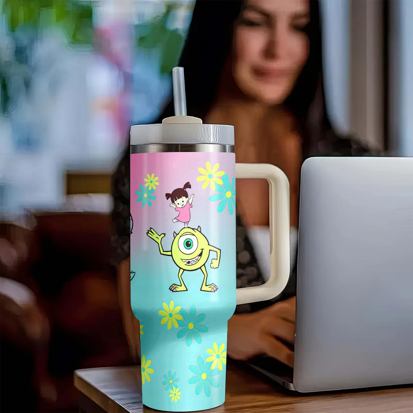 Disney Monsters, Inc 40oz Insulated Travel Mug - Stainless Steel with Handle, Lid & Straw | Perfect for Fitness, Car, and Gifts for Family & Friends | Ideal for Christmas, Halloween, Birthdays