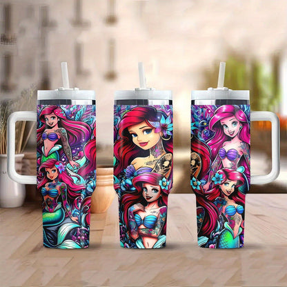 Disney The Little Mermaid 40Oz Stainless Steel Tumbler With Lid & Straw - Cute Cartoon Design, Perfect For Hot & Cold Drinks, Ideal For Car, Travel, Office, And Home Use - Great Christmas, Halloween, Birthday Gift