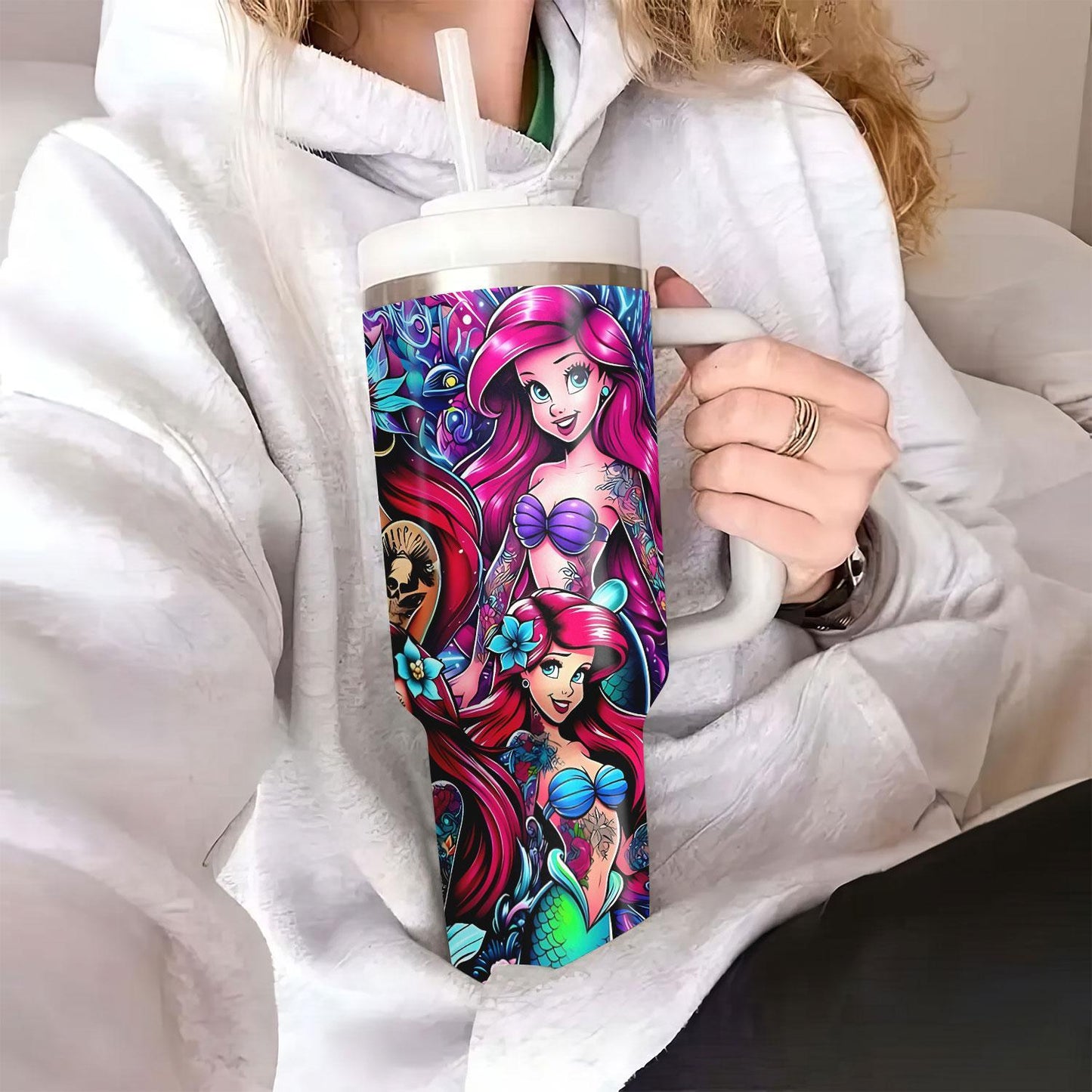 Disney The Little Mermaid 40Oz Stainless Steel Tumbler With Lid & Straw - Cute Cartoon Design, Perfect For Hot & Cold Drinks, Ideal For Car, Travel, Office, And Home Use - Great Christmas, Halloween, Birthday Gift