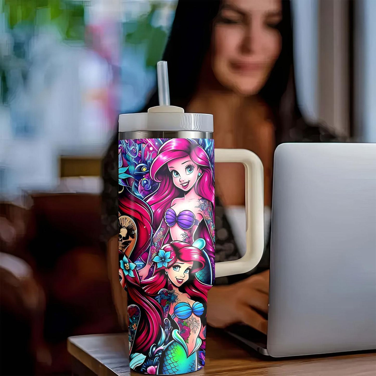 Disney The Little Mermaid 40Oz Stainless Steel Tumbler With Lid & Straw - Cute Cartoon Design, Perfect For Hot & Cold Drinks, Ideal For Car, Travel, Office, And Home Use - Great Christmas, Halloween, Birthday Gift