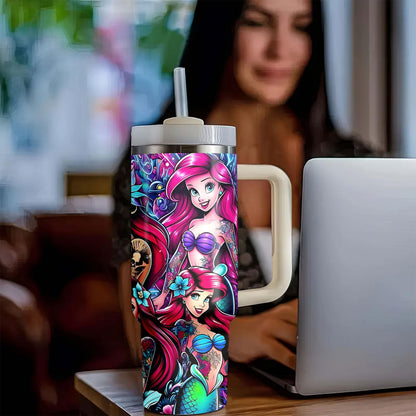 Disney The Little Mermaid 40Oz Stainless Steel Tumbler With Lid & Straw - Cute Cartoon Design, Perfect For Hot & Cold Drinks, Ideal For Car, Travel, Office, And Home Use - Great Christmas, Halloween, Birthday Gift