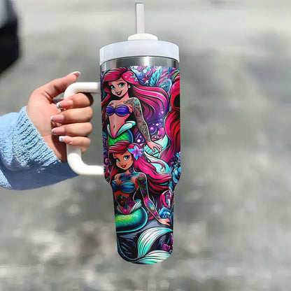 Disney The Little Mermaid 40Oz Stainless Steel Tumbler With Lid & Straw - Cute Cartoon Design, Perfect For Hot & Cold Drinks, Ideal For Car, Travel, Office, And Home Use - Great Christmas, Halloween, Birthday Gift