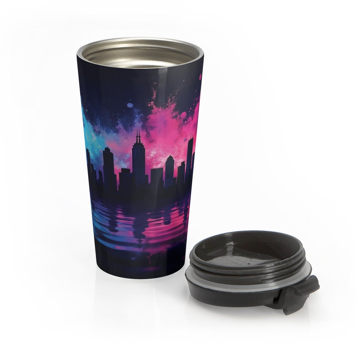 Neon City Skyline Stainless Steel Travel Mug — Retro Sunset Urban Thermos