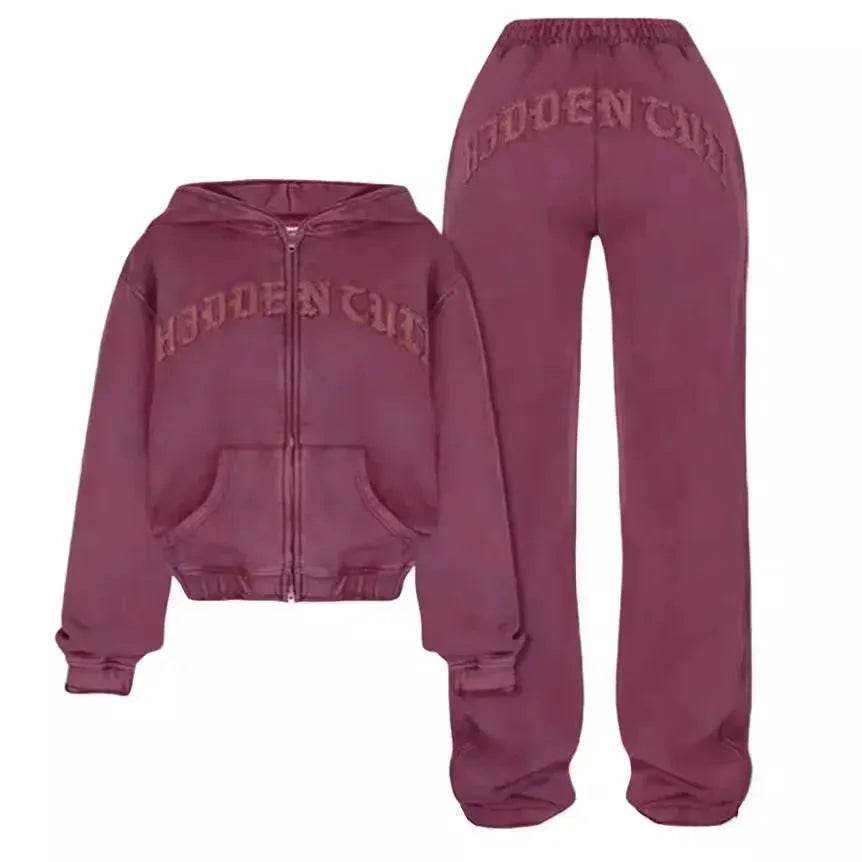 Ensemble de survêtement Ins Letter : Haut court à capuche zippé et pantalon de jogging pour femme – Vêtements de sport deux pièces tendance