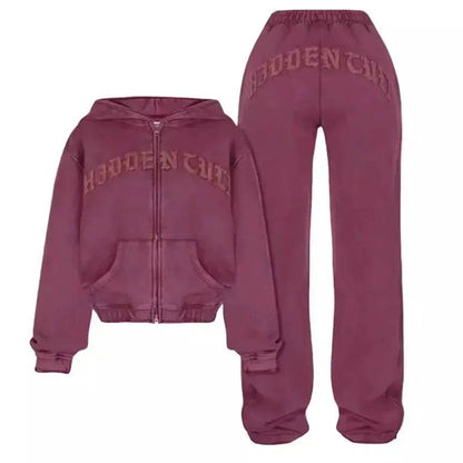 Ensemble de survêtement Ins Letter : Haut court à capuche zippé et pantalon de jogging pour femme – Vêtements de sport deux pièces tendance
