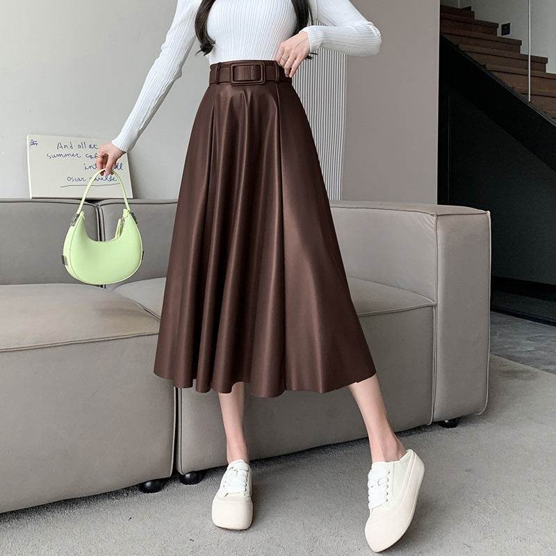 Elegant women High waist Flared Midi PU Leather skirt