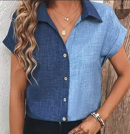 Color Block Button Up Blouse shirt  Elegant Lapel Neck Short Sleeve Blouse For Every Day