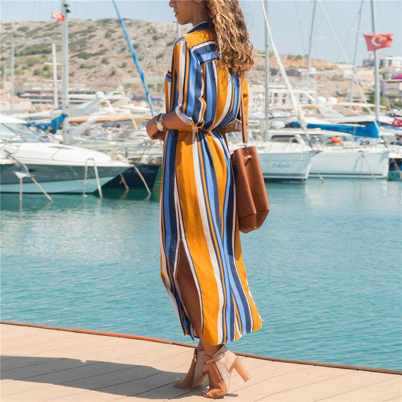 Robe longue à rayures en mousseline de soie à manches longues pour femmes, col en V, sexy, élégante et décontractée, printemps-été