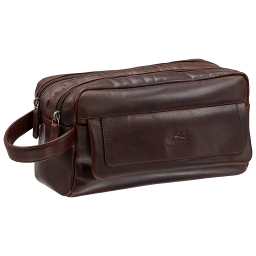 Trousse de toilette marron à double compartiment et fermeture éclair supérieure