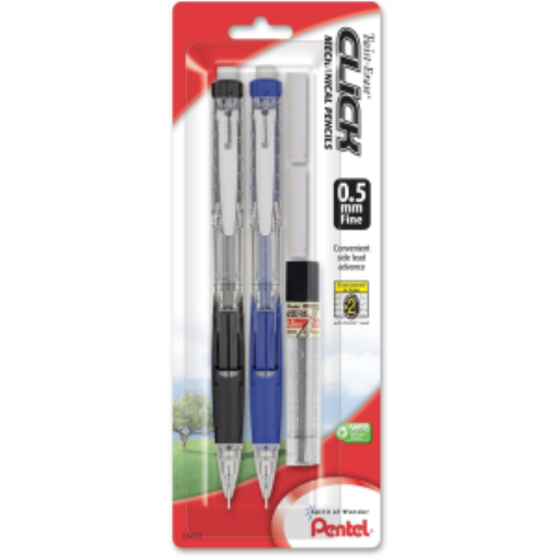 Porte-mine Twist-Erase Click, (0,5 mm) corps transparent, couleurs de prise assorties
avec mines et gommes, paquet de 2