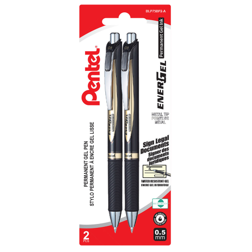 Stylo gel liquide permanent rétractable EnerGel, pointe aiguille (0,5 mm), encre noire, paquet de 2