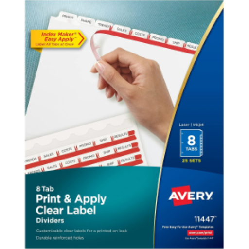 INDEX MAKER CLEAR LABEL DIVIDERS, 8 TAB, 25 SETS, WHIT