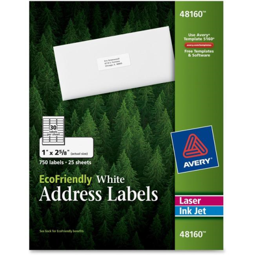48160 ÉTIQUETTE POSTALE ÉCO BLANCHE, PERMANENTE, 1" X 2 5/8", 25 FEUILLES