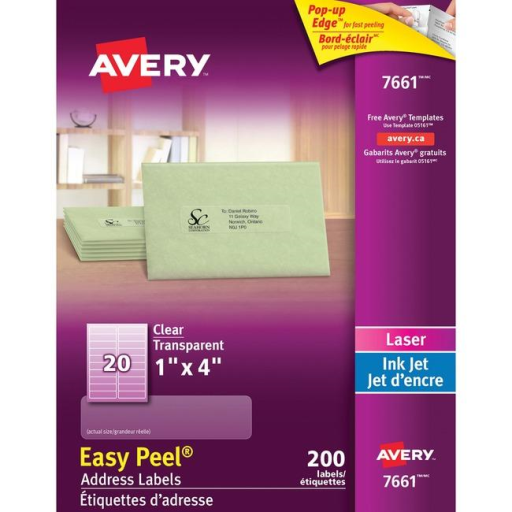 7661 CLEAR EASY PEEL, 4" X 1", PERMANENT, 10 SHEETS/ENV., 20