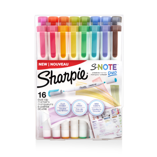 Marqueurs créatifs Sharpie S-Note Duo à double pointe, Mi-surligneurs, Mi-marqueurs d'art, Couleurs assorties, Pointes fines et biseautées, Comprend un chevalet de présentation, Lot de 16