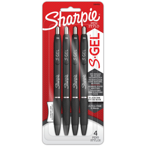 Sharpie S-Gel, stylos gel, pointe extra fine (0,38 mm), noire, paquet de 4