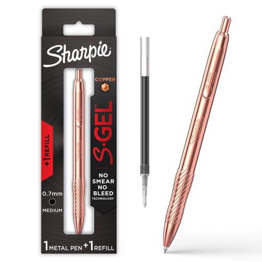 Sharpie S-Gel, Stylo gel, Corps métallique en cuivre, Pointe moyenne (0,7 mm), Encre noire, Comprend 1 stylo et 1 recharge d'encre supplémentaire