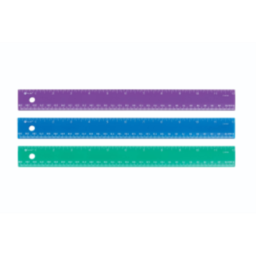 30cm/12” Asst Colours, Double Bevel – 1/16” & mm Scales / 
30cm/12 po couleurs assorties, deux biseaux – 1/16 po & mm