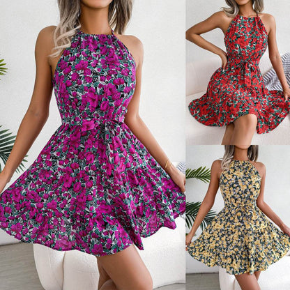 Casual Spring Summer Tie Belt Halter neck Swing Floral mini dress
