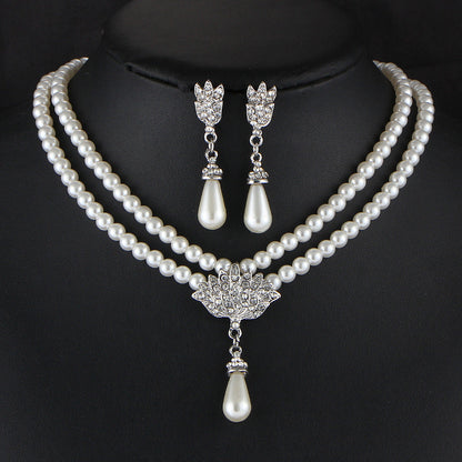 Clavicle Bridal Pearl Crystal Diamond Necklace Set