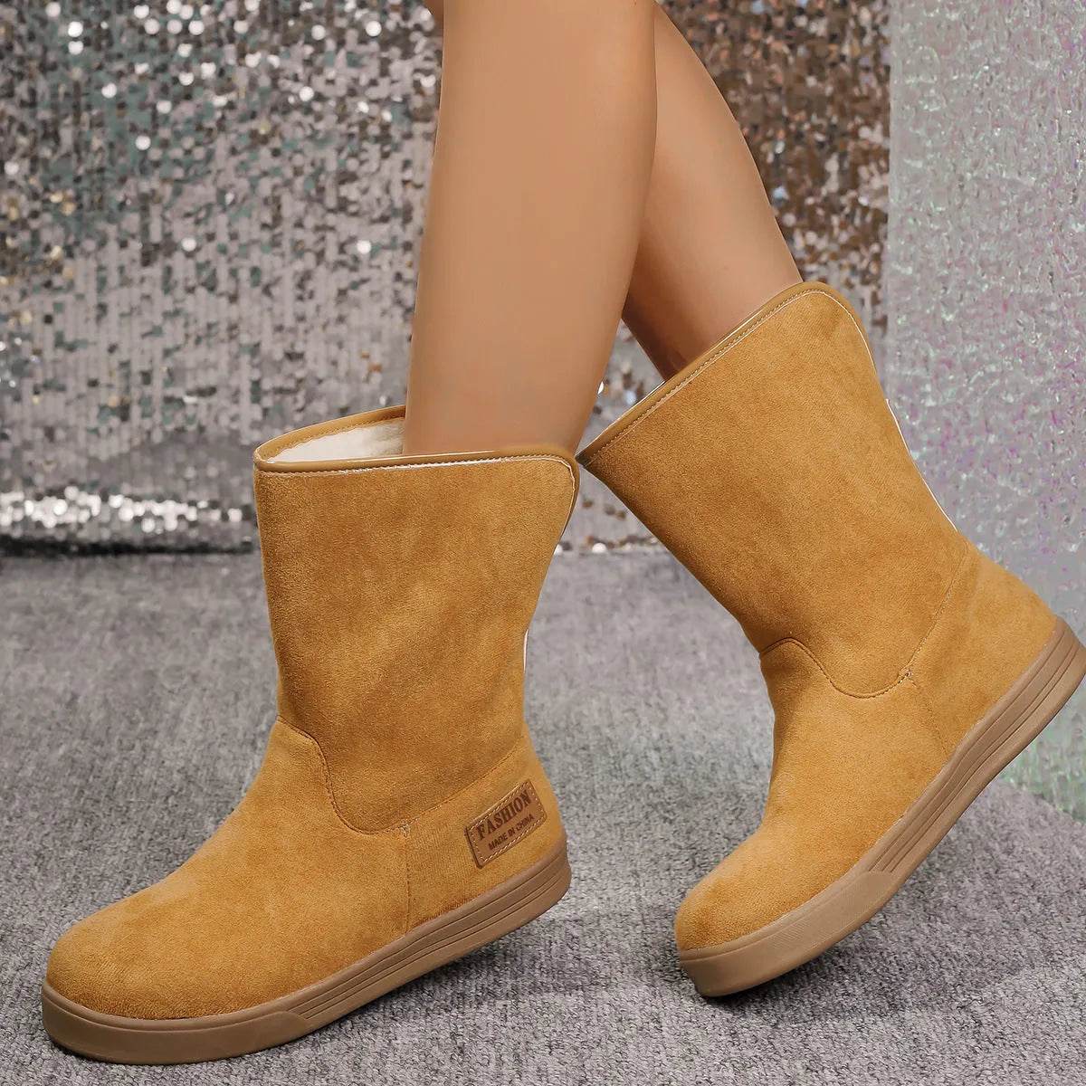 Bottes de neige pour femmes hiver chaud antidérapantes plates mi-mollet en velours et coton épais