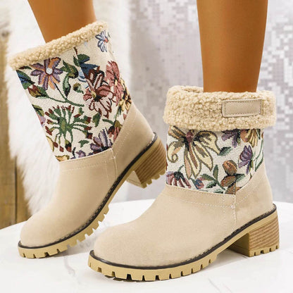 Bottes de neige brodées de fleurs, style ethnique, plateforme, talon carré épais, mi-mollet, bottes d'hiver chaudes en coton pour femmes