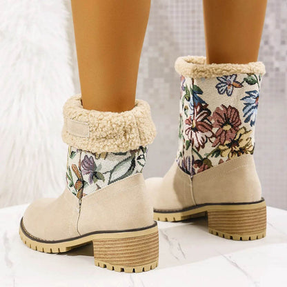 Bottes de neige brodées de fleurs, style ethnique, plateforme, talon carré épais, mi-mollet, bottes d'hiver chaudes en coton pour femmes