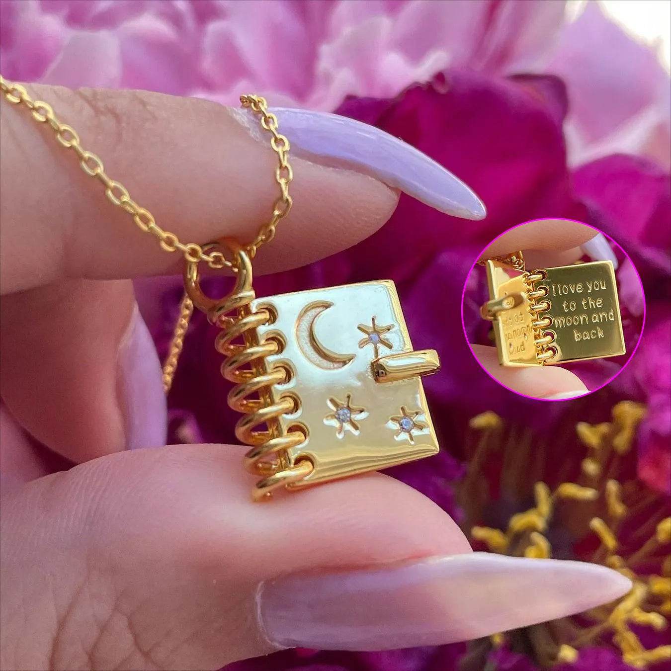 Collier ouvrable en forme de livre d'amour avec étoiles, lune et lettres gravées, pendentif de mode personnalisé pour cadeau de Saint-Valentin