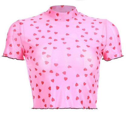 Nibber new Women Heart-shaped Print Pink see-through Tops Tee summer fashion wild Elastic Slim Soft O-Neck short sleeve Tank top