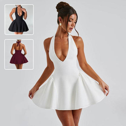 Elegant Ladies Deep V-neck flared Halter Neck Mini dress for Party Club Date