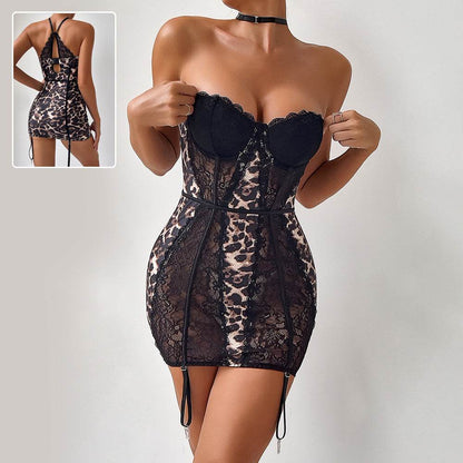 Strapless Corset Mini dress Leopard Lace mesh A-line Tube short dress for club and party