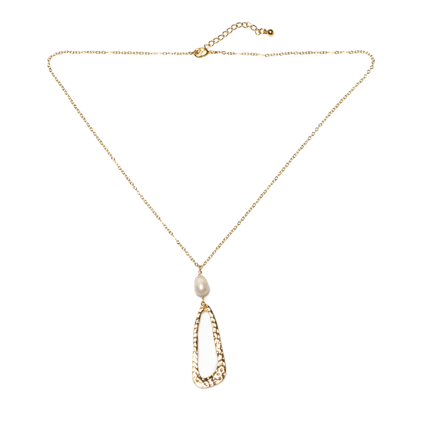 Hammered Oval Pendant With Pearl On Chain In Gold Plate