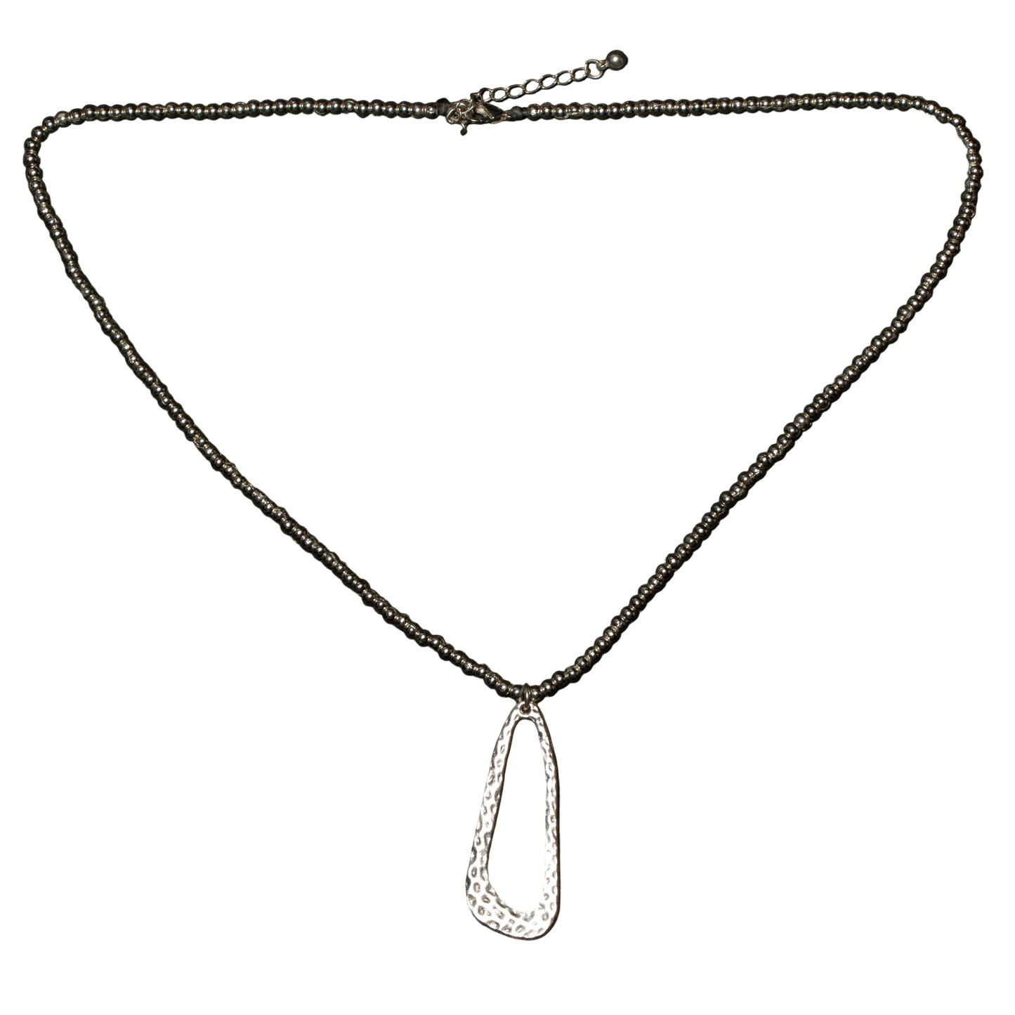 Hammered Oval Pendant On Ball Chain - Silver Plate