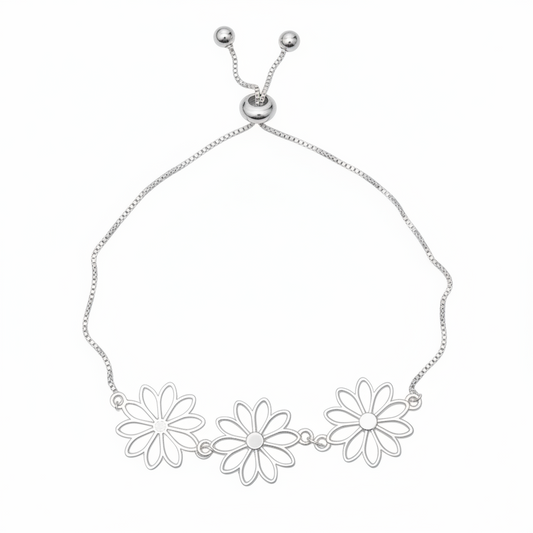 Bracelet réglable à triple fleur en plaqué argent