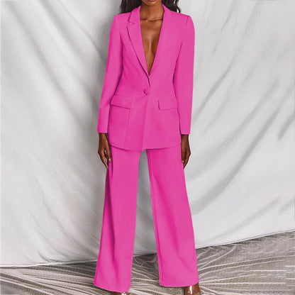 Women's Business Suit Set – Lapel Button-Down Blazer and Straight Leg Trousers