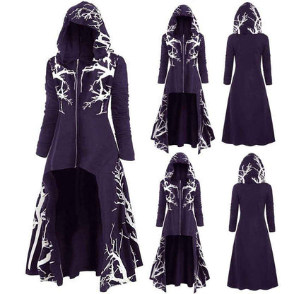 Gothic Halloween Cape Jacket for Women – Printed Long Sleeve Zip-Up Costume Coat