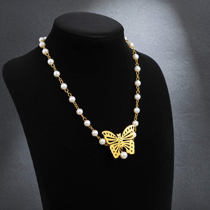 Pearl and Gold Butterfly Necklace - Elegant Statement Piece