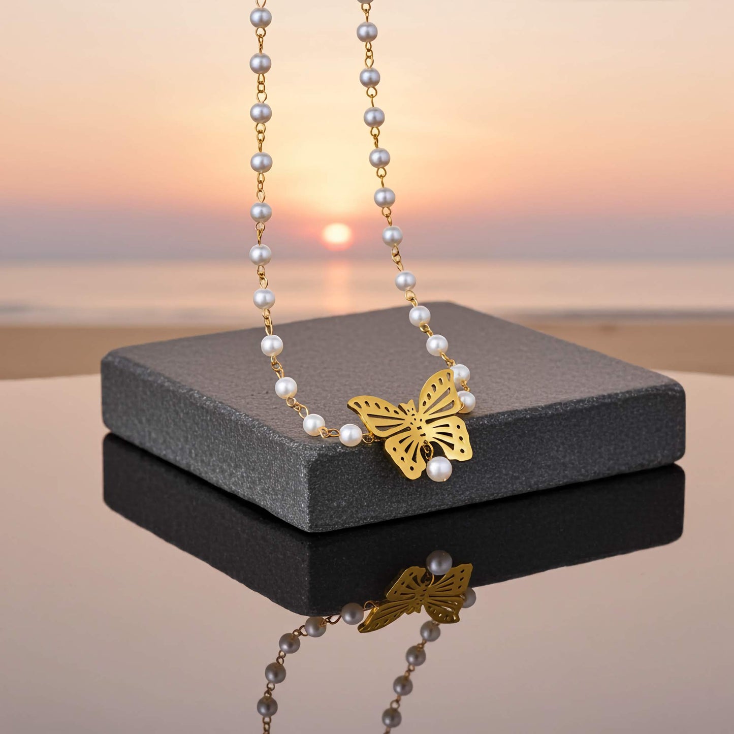 Pearl and Gold Butterfly Necklace - Elegant Statement Piece