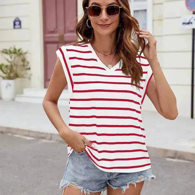 T-shirt à manches courtes et col en V imprimé rayures tendance, haut décontracté ample d'été pour femme