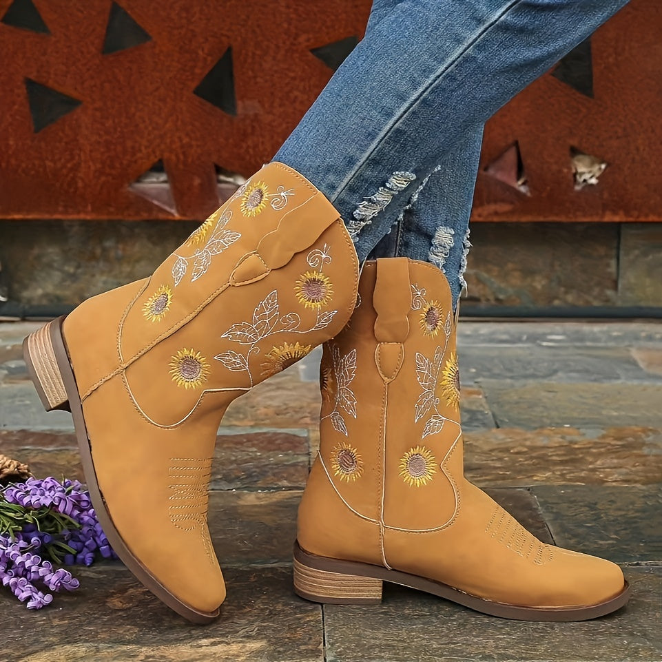 Solid Color Women's Low Heeled Embroidery Cowboy Boots, Pointed Toe V-cut Chunky Retro Mid Calf Western Boots