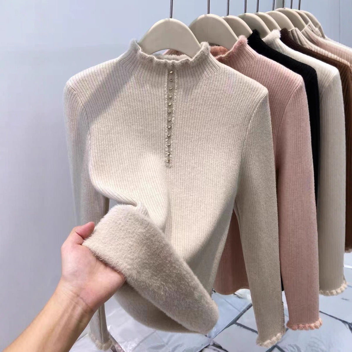 Women’s Fleece-Lined Mock Neck Thermal Top – Oversized One-Piece Pullover for Fall & Winter