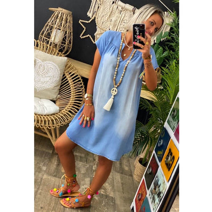 Round Neck Pleated Loose Solid Color Casual Plus Size Denim Dress