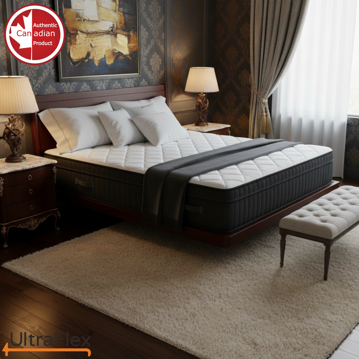 Ensemble matelas et sommier UltraFlex® Opulence, fermeté moyenne, matelas hybride orthopédique – Système avancé de gel rafraîchissant et de ressorts ensachés, fabriqué au Canada, pour un sommeil ininterrompu et un soutien bord à bord