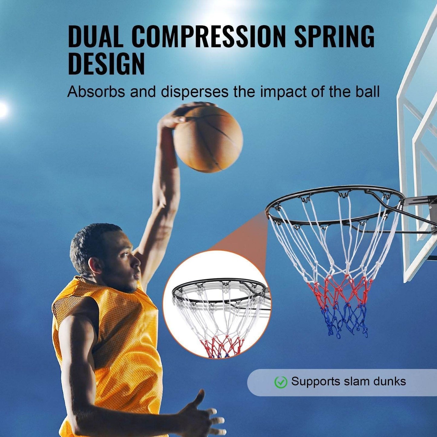 Cercle de basket-ball, panier de basket-ball mural/à accrocher à la porte, remplacement de but de basket-ball robuste Q235 avec filet et double ressort, panier standard de 45 cm pour intérieur et extérieur pour enfants et adultes
