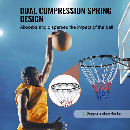 Cercle de basket-ball, panier de basket-ball mural/à accrocher à la porte, remplacement de but de basket-ball robuste Q235 avec filet et double ressort, panier standard de 45 cm pour intérieur et extérieur pour enfants et adultes